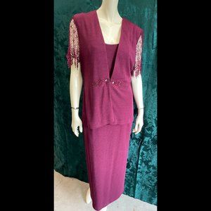 2 Piece Burgundy Gown with Jacket Embellishments on front of jacket